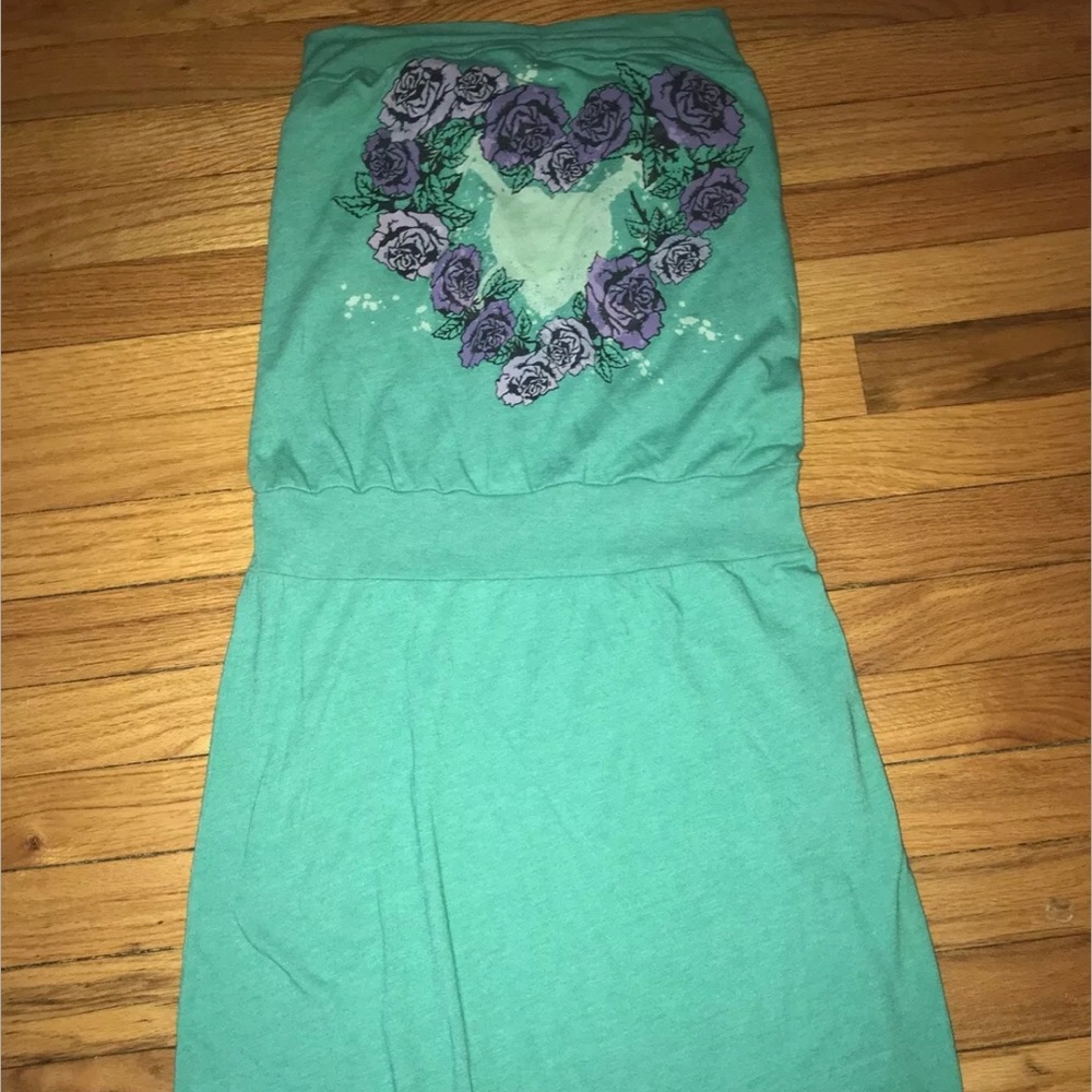 Scrapbook Boho Hippie Heart Roses Grateful Dead Green Strapless Tube Dress Sz M